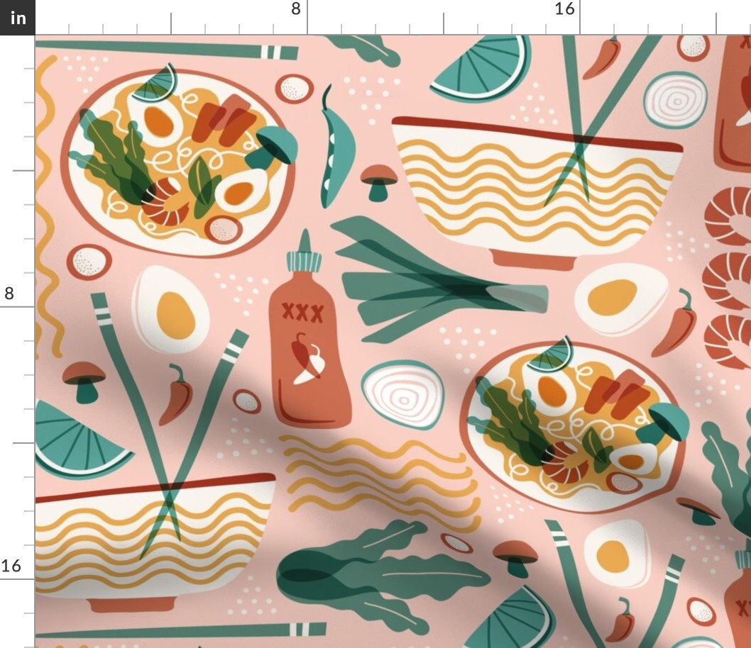 Ramen Fabric - Pho Real By Heatherdutton Noodle Chili Eggs Food Recipe Chopsticks Pink Bowl Cotton The Yard With Spoonflower