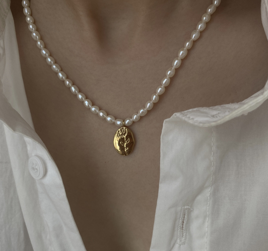 14K Gold Filled Baby Freshwater Rose/Cupid Charm Necklace. Vintage Style Statement Elegant Gift For Her