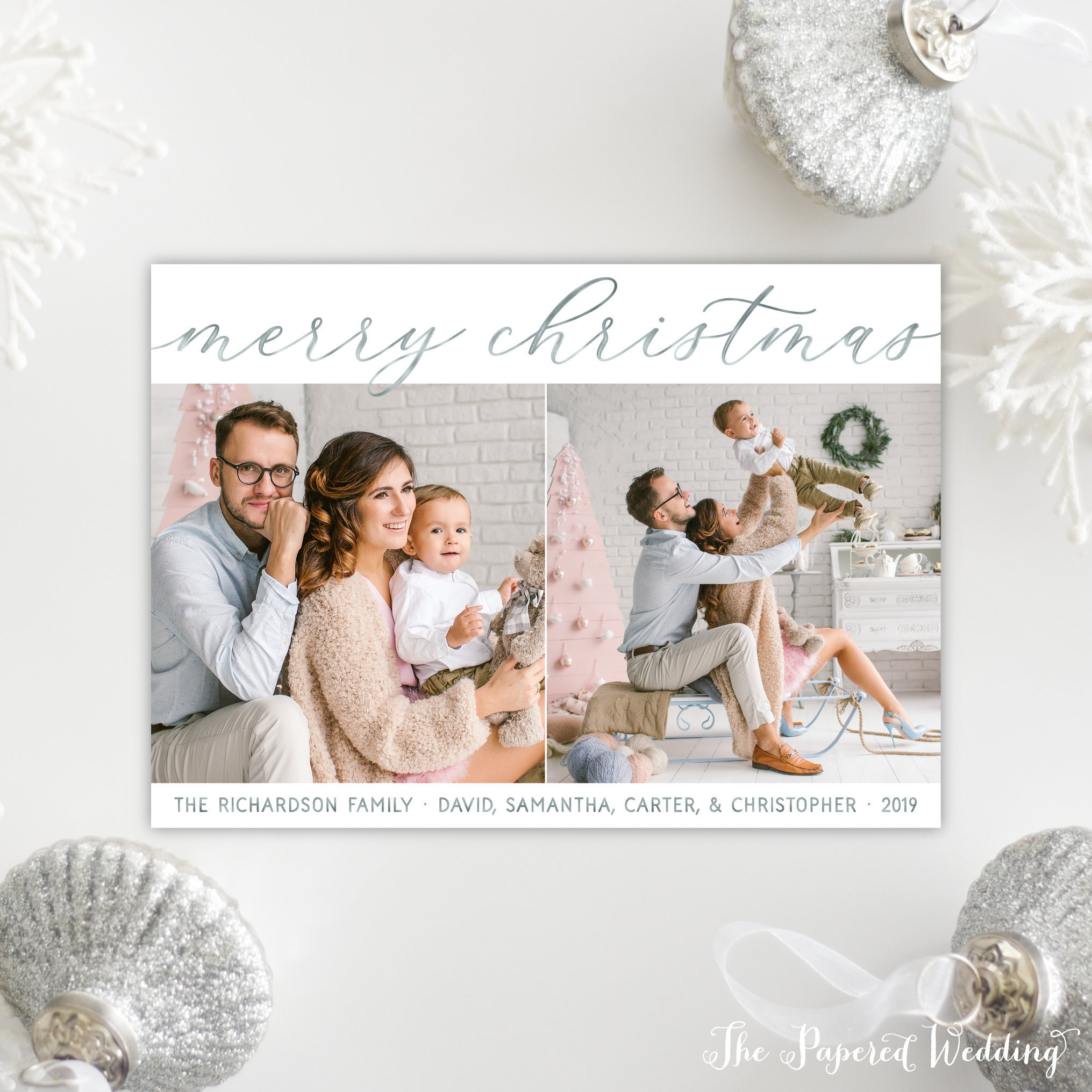 Printable Or Printed Merry Christmas Cards With Faux Silver Foil - Two Pictures Simple Script Card 083 P2