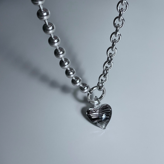 Mini Glass Heart Chain Link Necklace Ball Oval Stainless Steel Handmade Lampwork Clear Pendant Chunky Unisex Mens Jewelry Cold Shoulder La