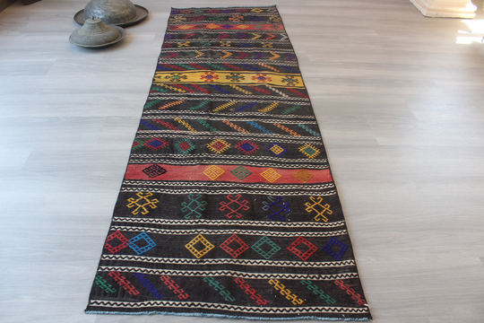 Vintage Kilim Runner, Black Ethnic Jijim Bohemian Runner/N-945 2'6"x8'1" Feet