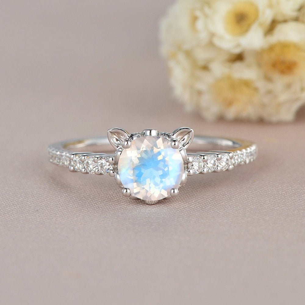 Cat Moonstone Engagement Ring White Gold Diamond Ear Gift Kitty Vintage Moissanite Wedding Dainty Pet Woman