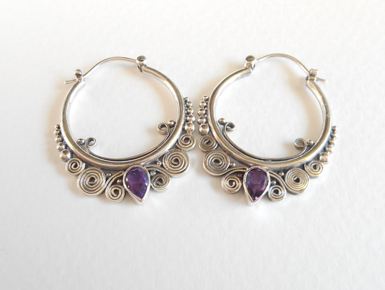 Balinese Hoop Sterling Silver Genuine Purple Amethyst Gemstones Earrings/1.35 Inch Long Silver 925 Bali Handmade Art Jewelry | #220M