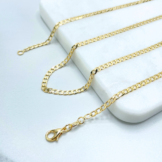 18K Gold Filled Cuban Link Chain 3mm Thickness, 16, 18, 20, 22 Or 24 Inches Of Length, Unisex Curb Link, Wholesale Jewelry Making Supplies