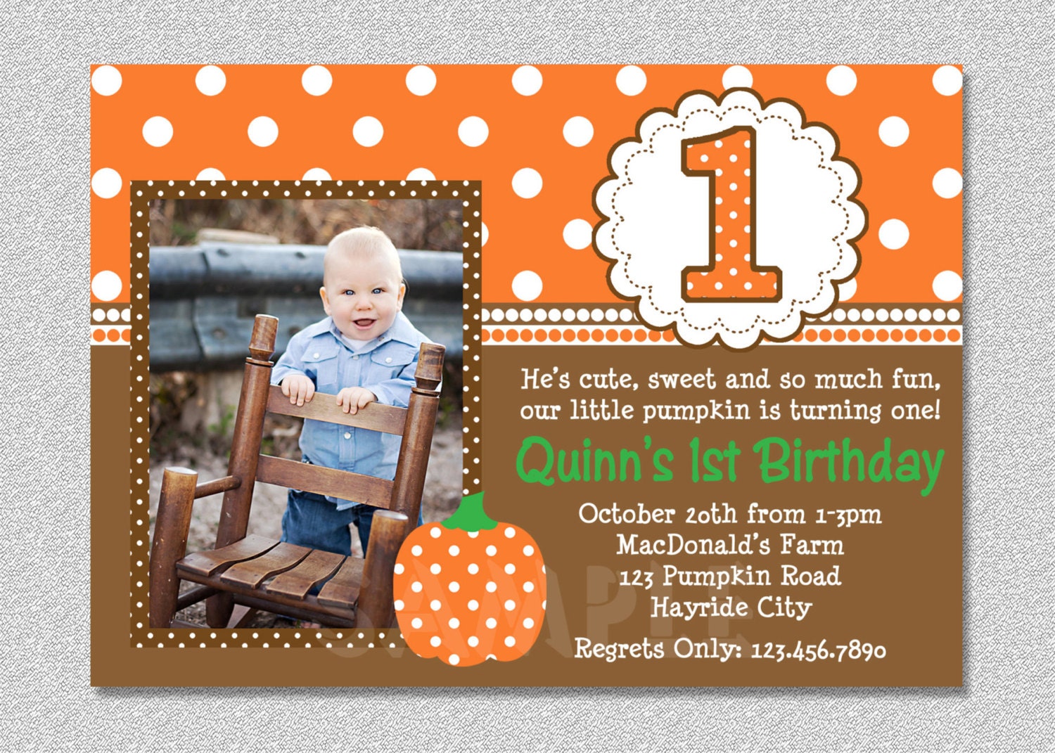 Fall Pumpkin Birthday Invitation, 1st Party Invites, Printable Boys Or Girls