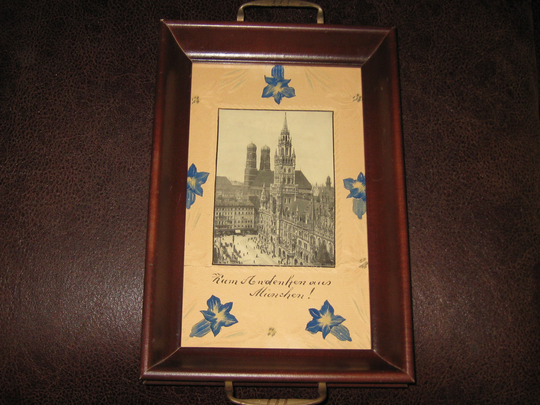 Lum Andenkenoius Munchen Engraving Cathedral Our Lady On Scherenschnitte Paper Border in Vintage Wood Tray Glass Cover 12 1/4" X 8