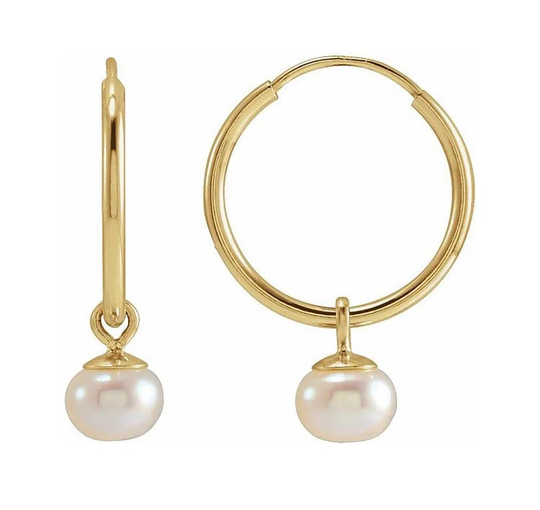 14K Gold Hoop Earrings, Huggies Earrings, Pearl Huggie Earrings Huggies, With Dangles