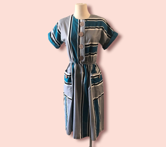 Vintage 60S Cotton Blend Day Dress, Sally Lou, Teal Black Gray Striped, Large Buttons, Pockets, Below The Knee, 34 Inch Bust, 24 Waist