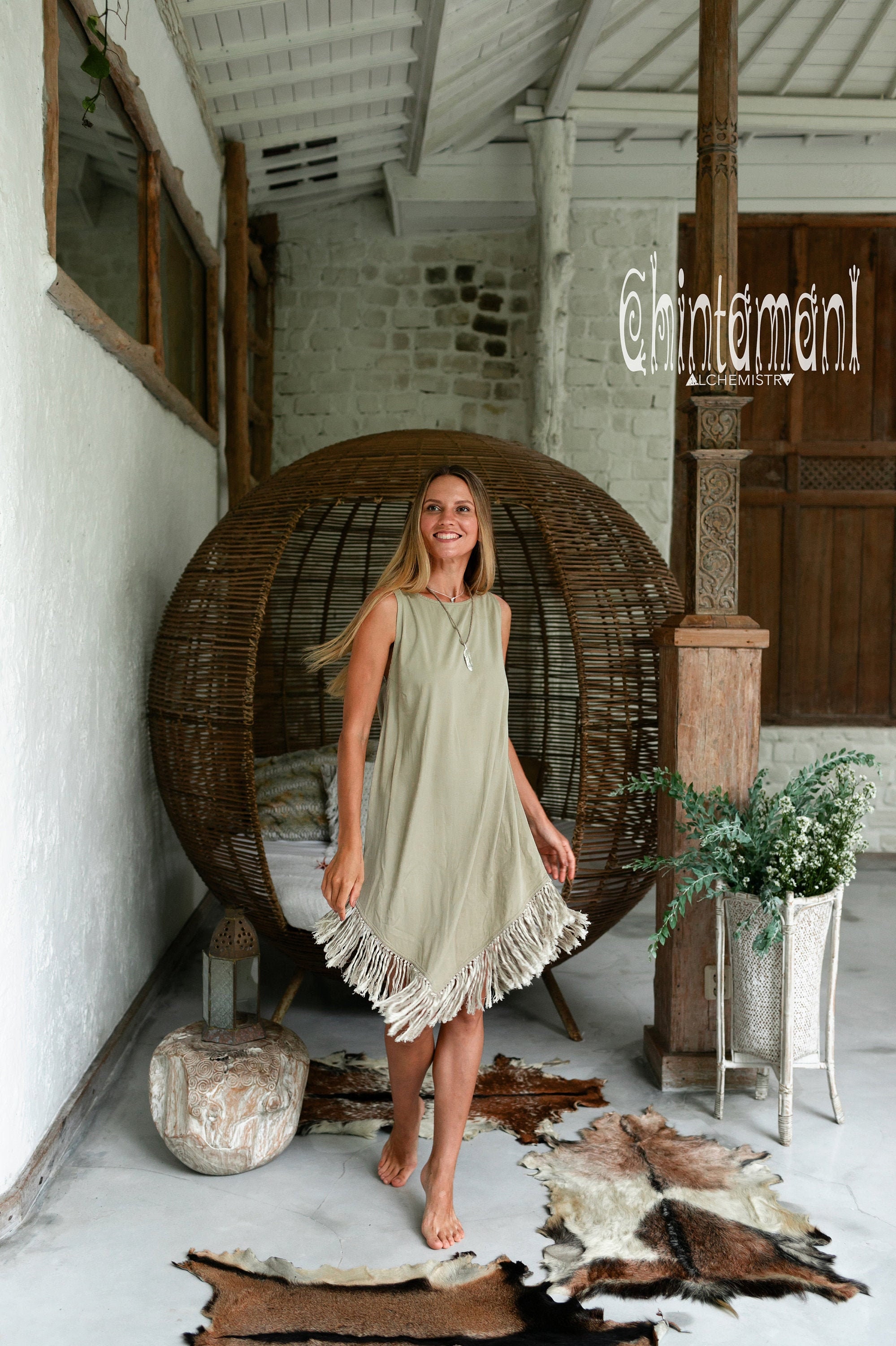 Sage Green Boho Dress Women Bohemian Dresses Bamboo Fringe Clothing Hippie Summer Eco Open Back Backless Midi Tank /