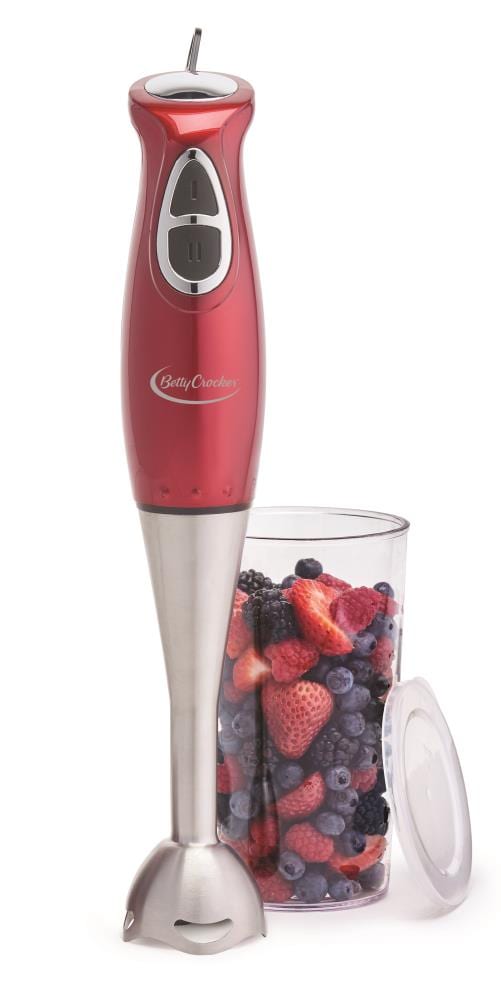 Betty Crocker 2-Speed Red Metallic 250-Watt Immersion Blender Pulse Control with Accessory Jar Stainless Steel | BC-3302CMR