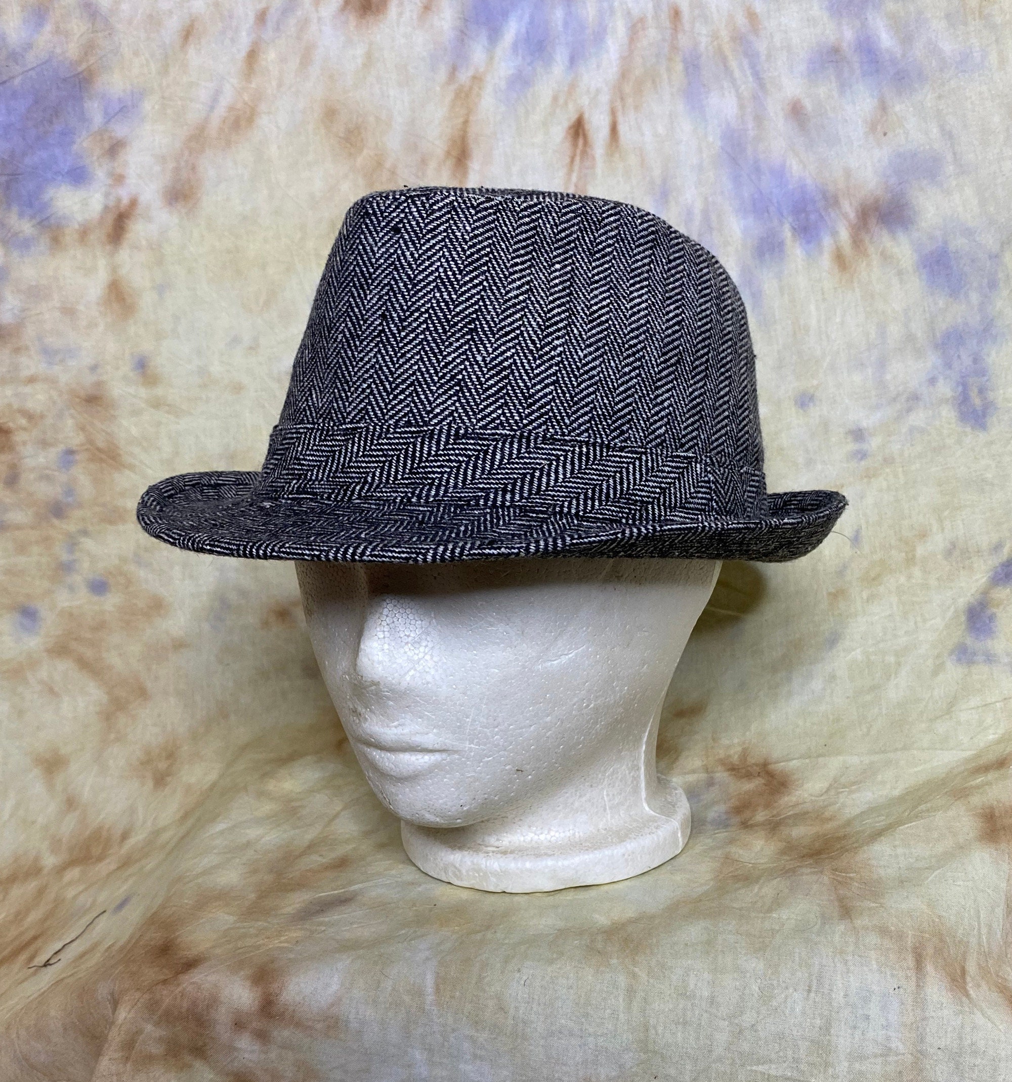 80's Trilby Hat, Wool Blend, Gray Herringbone Tweed, Dockers