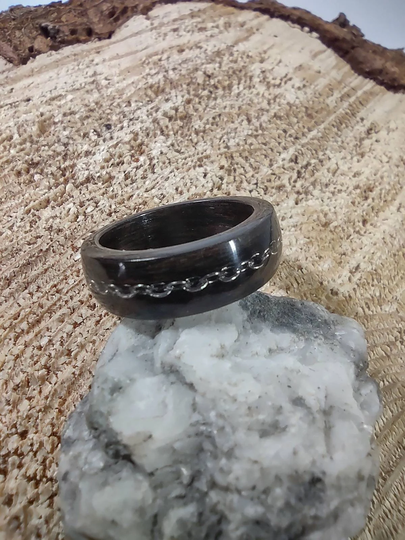 Dyed Oak & Steel Chain Bent Wood Ring