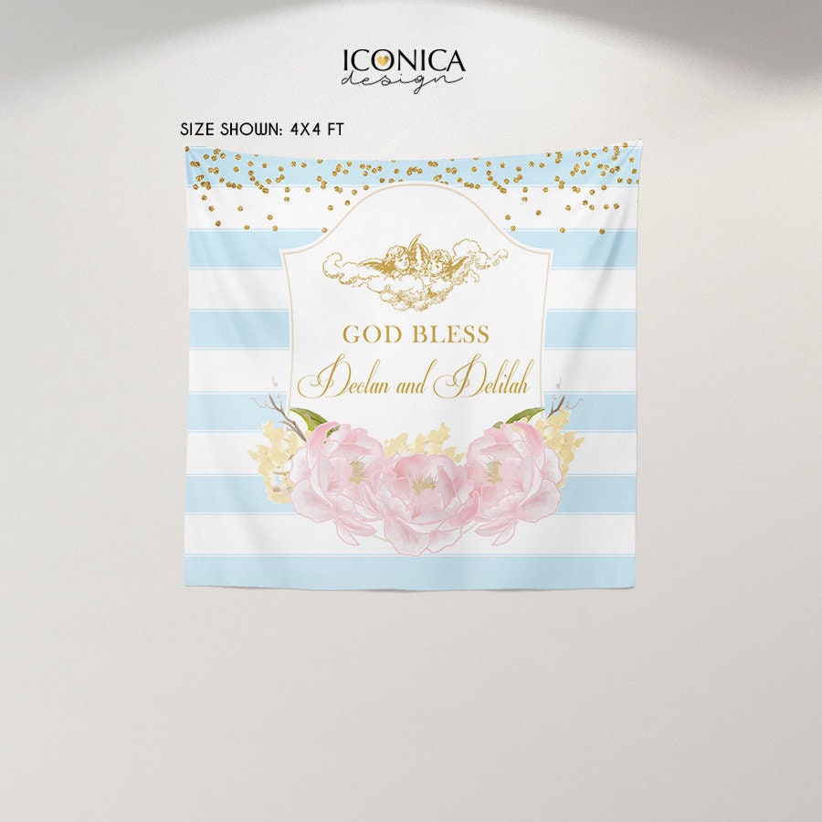 Baptism Party Backdrop, First Communion Banner, Floral Banner Pink Peonies Striped Angels, Printed Or Printable File Bfc0004