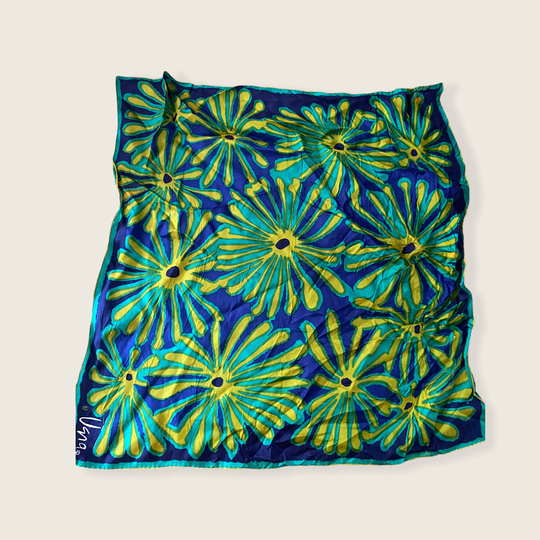 Vintage Vera Neumann Silk Blend Scarf. Bold Floral Design in Yellow, Green, Navy & Teal. Hand Rolled Edge. Made Japan