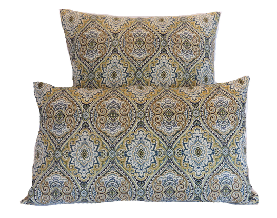 Navy Blue & Gold Medallion Pillow Cover, Ogee, Linen Blend, 17" Square