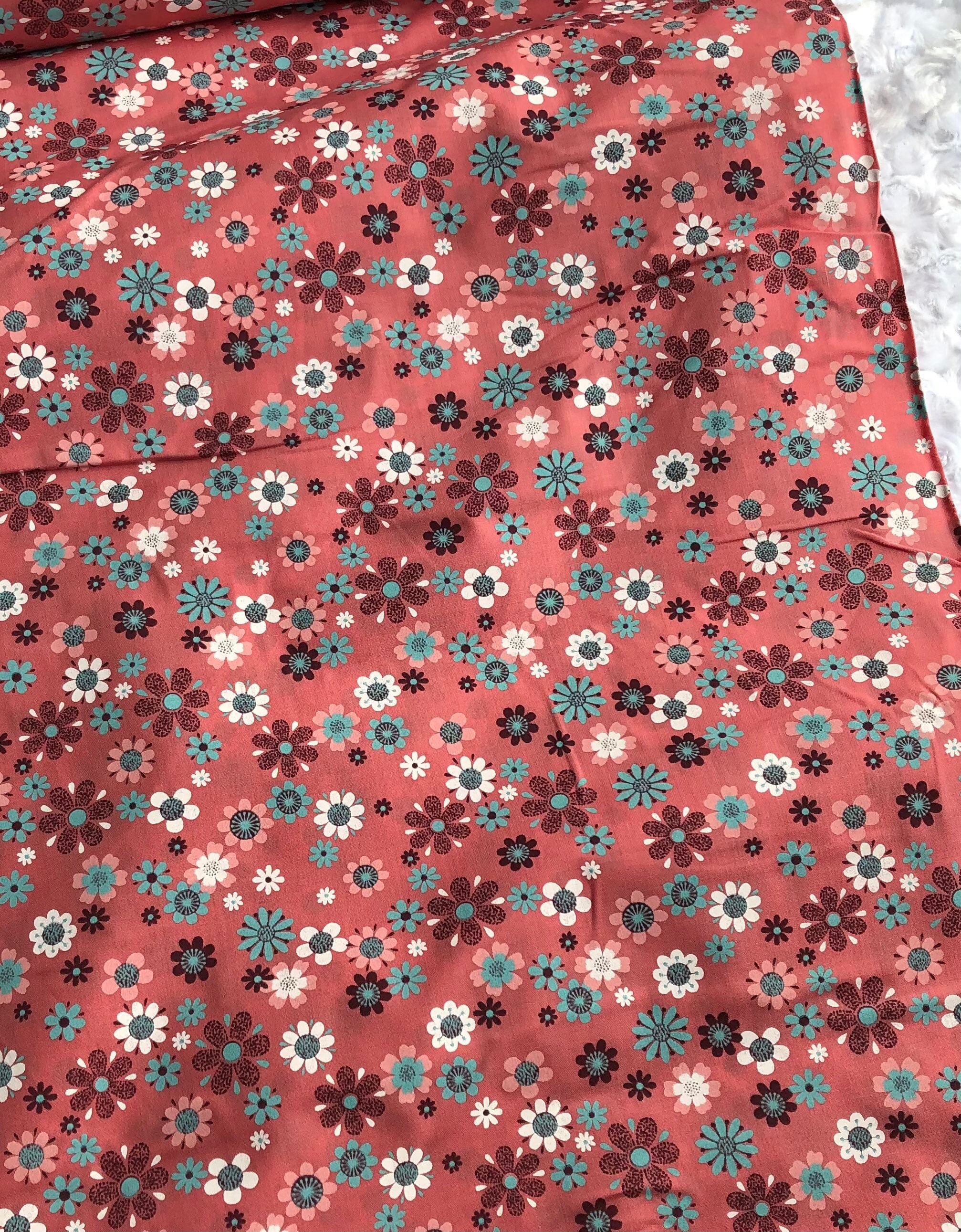Poly Cotton Blend Print Aqua Flowers On Pink 58/60 By The Yard/Half Yard