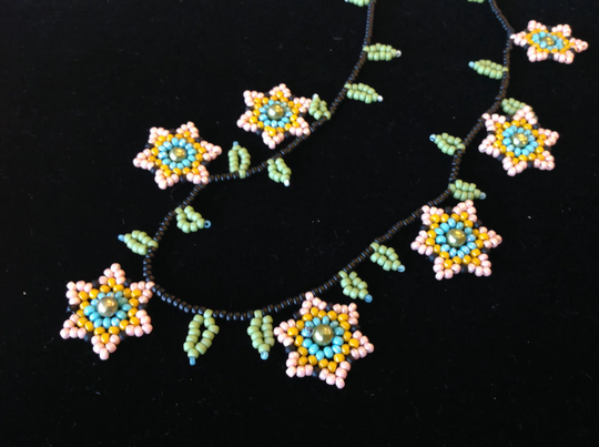 Seed Bead Woven Fun Colorful Flower Necklace Or Earrings Fanciful Sweet Simple Necklace-Beaded Flowers & Leaves