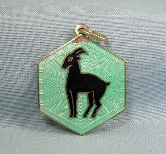 sterling Norwegian Aries Goat Pendant Charm-Vintage Guilloche Gold On 925 Silver-Green Black Enamel-Zodiac Horoscope Birth-Or Capricorn Ram