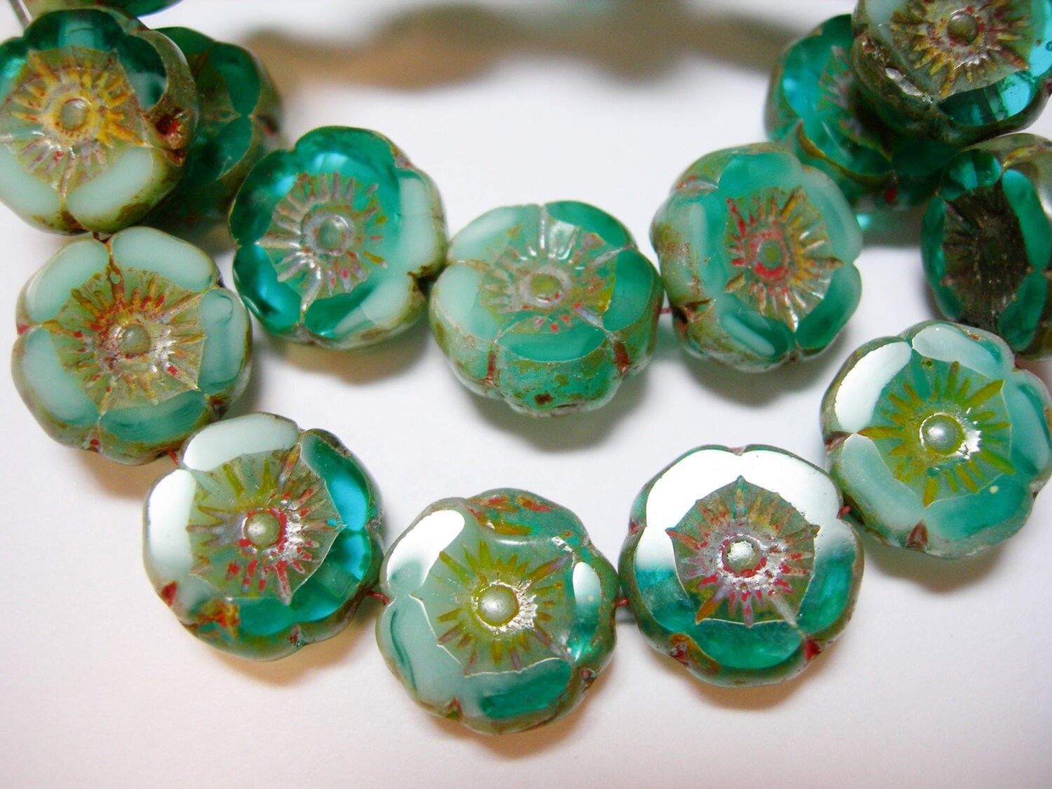 12 Beads -Aqua Turquoise Blend Picasso Czech Glass Flower Beads 12mm