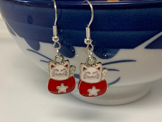 Red Lucky Cat/Maneki Neko Enamel Silver Earrings