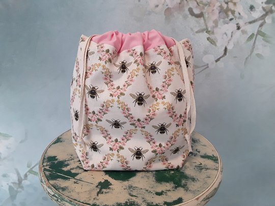 Pink Yellow Green Gray Bee Knitting Project Bag, Honeybee Drawstring Floral Sock Gift For Knitters, Flat Bottom Yarn Tote