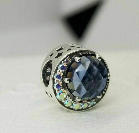 Pandora, Bracelet Charms, Beads, Dangles, Clips/Moon & Night Sky Blue Crystal Clear Cz/ S925 Sterling Silver New Stamp