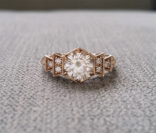 Antique Diamond G H Moissanite Engagement Ring Yellow Gold 1920S Geometric Gemstone Bohemian Penellibelle Exclusive "The Florence"