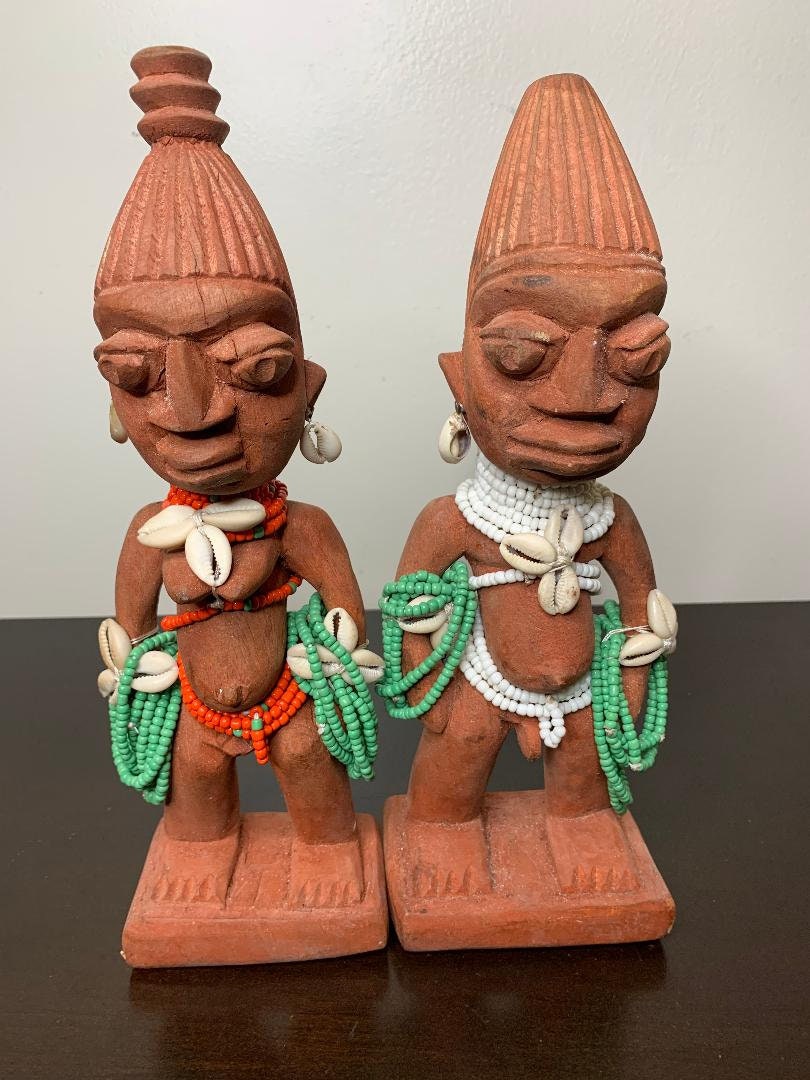 Set Of Two | Pair 12 Inches High Authentic Traditional Yoruba Ere Ibeji Statue Made in Oyo Free Shipping
