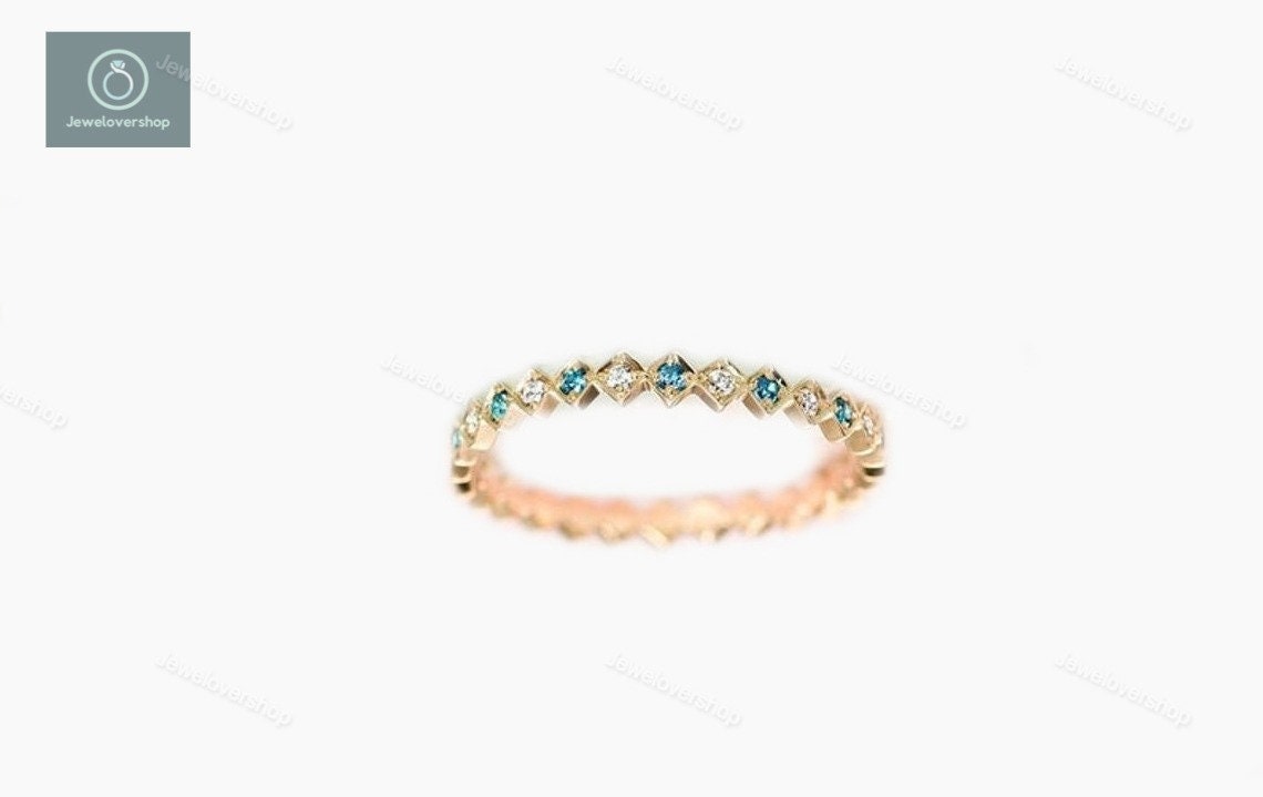 Blue Topaz Eternity Ring, 14K Gold Band, Minimalist Wedding Stacking Birthstone Band Rings For Women