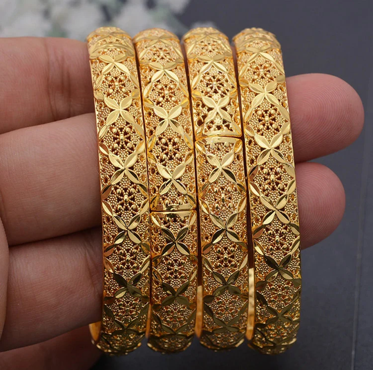 4Pcs/Set 24K Gold Plated Dubai Bangles Bracelets Cuff Style, Butterfly Bangles, Turkish Moroccan Jewelry, African Gift For Her