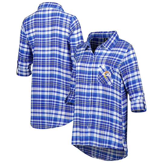 Women's Concepts Sport Royal/Gold Los Angeles Rams Mainstay Flannel Full-Button Long Sleeve Nightshirt, Size: Large, Blue