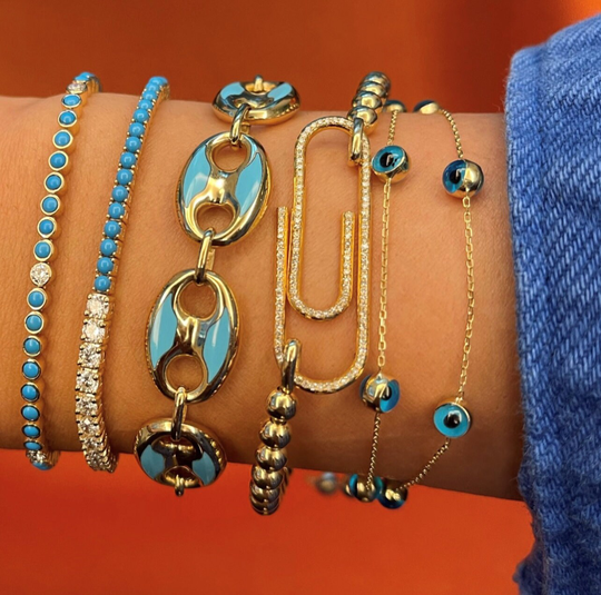 14K Gold, Half Diamond, Turquoise Tennis Bracelet, Bezel Set & Diamond Bracelet