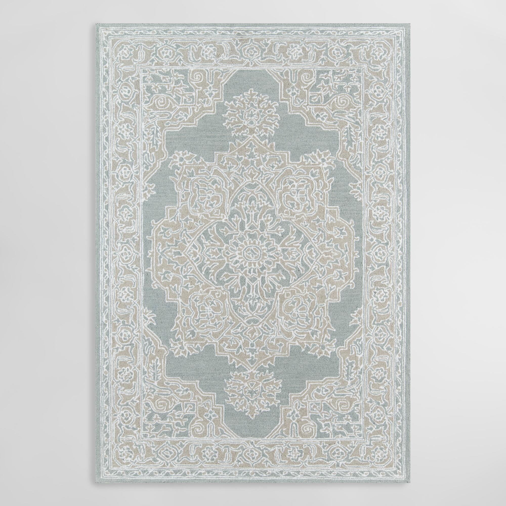 Light Blue Medallion Tufted Wool Blend Wren Area Rug - 5' x 8' by World Market