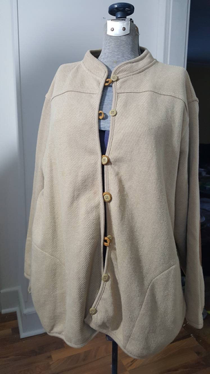Vintage Era Women's Cotton Blend Cardigan From Orvis. Beige Knit With Leather Elbow Patches & Button Loops. Size Xl. Free Shipping