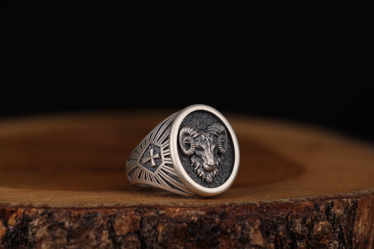 Handmade Silver Ram Ring, Aries Cross Head Signet Viking Nordic Men Accessory Minimalist Gift For Him