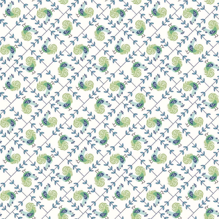 Lori Holt Cook Book Fabric By Riley Blake - White Blue & Green Rooster The 1/2 Yard Or Fat Quarter