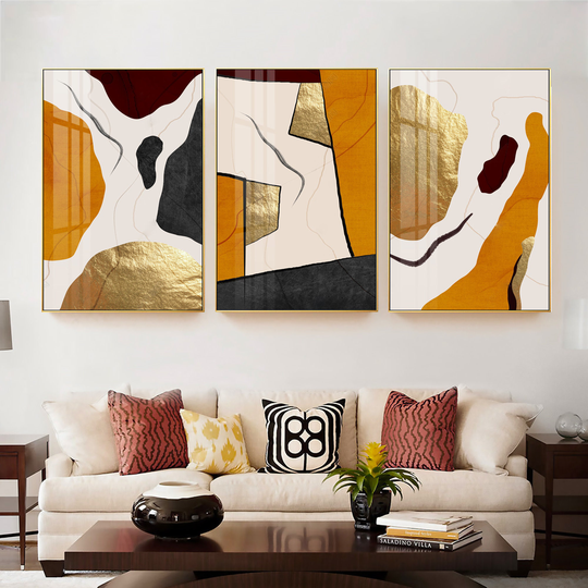 Set Of 3 Frame Wall Art Abstract Geometric Gold Yellow Blue Print Painting On Canvas Picture Large Printable Prints