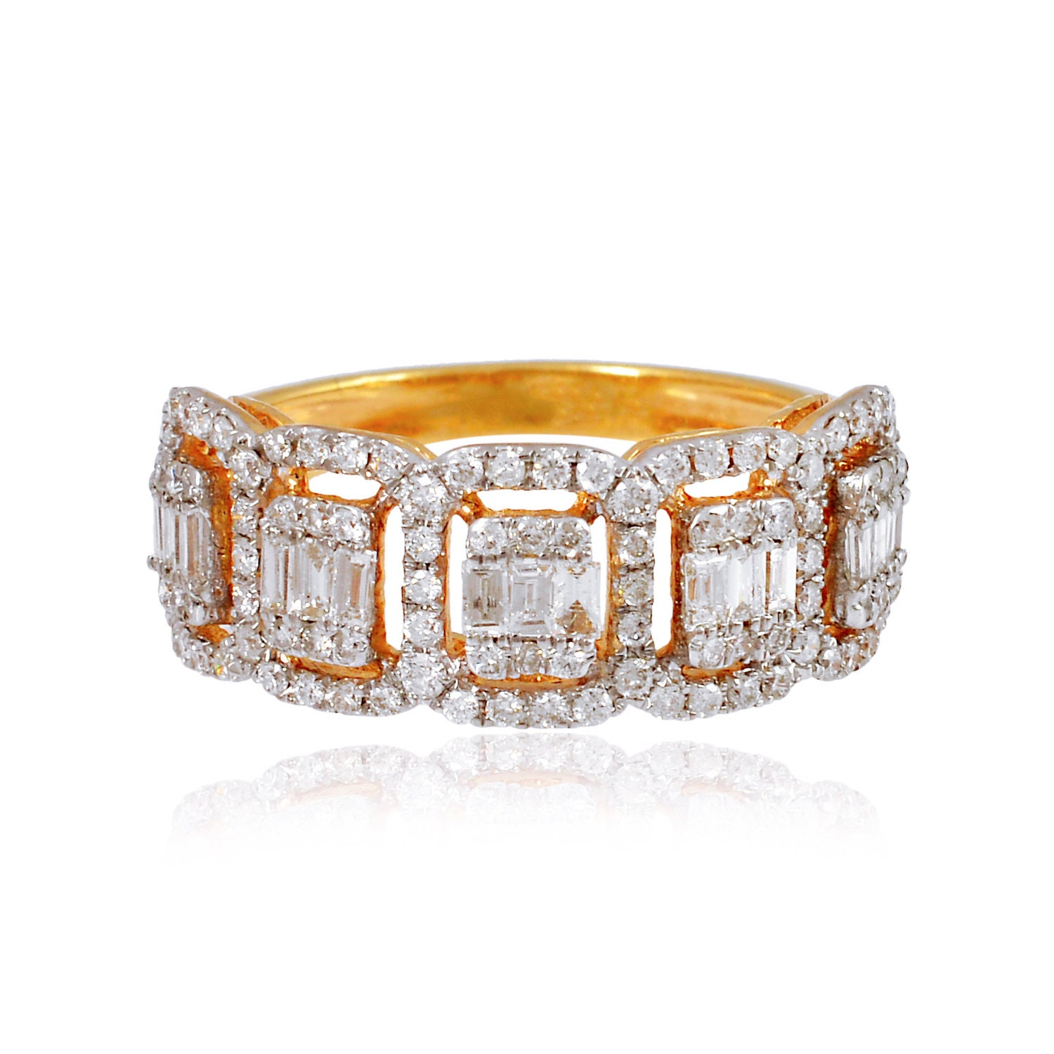 New Baguette Diamond Ring/18K Solid Gold Alternating Round Stackable Band