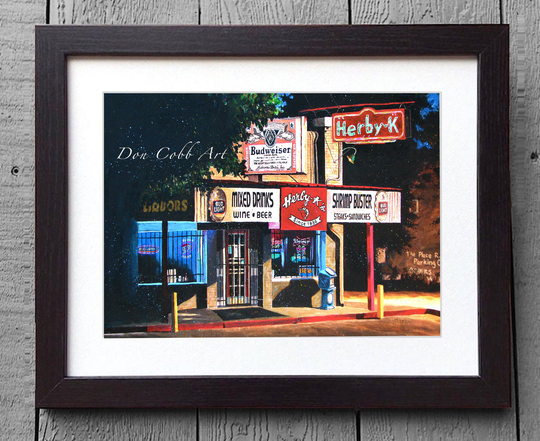 Shreveport, Seafood Cafe Bar Art "Herby K Night Scene" | Two Sizes Framed/Matted Prints, Signed & Numbered