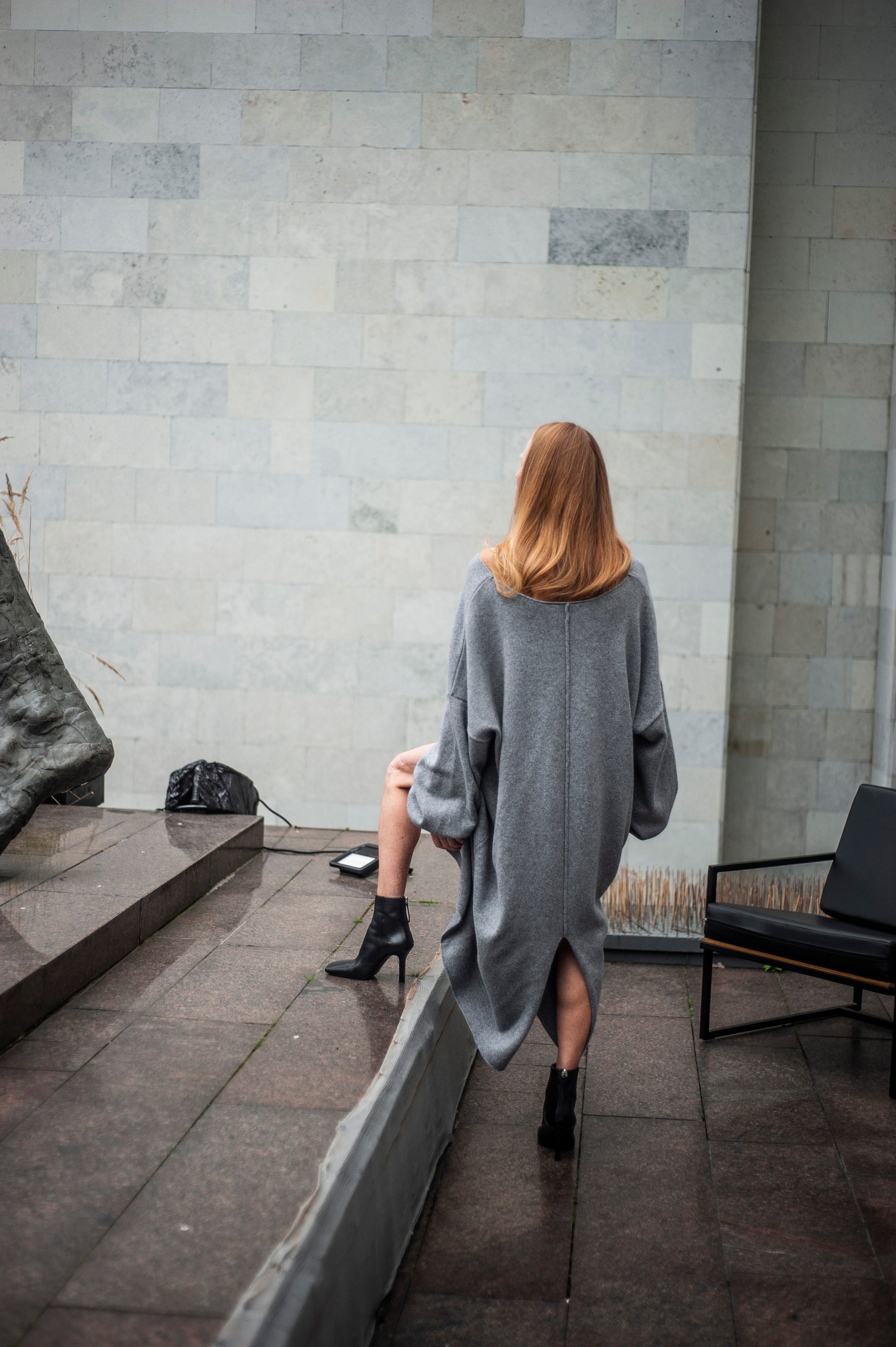 Cashmere Blend Two Side Tunic Dress in Black, Dress, Oversized Loose Minimalist Tunic Dress Made Of Wool, Women Dresses , Atuko