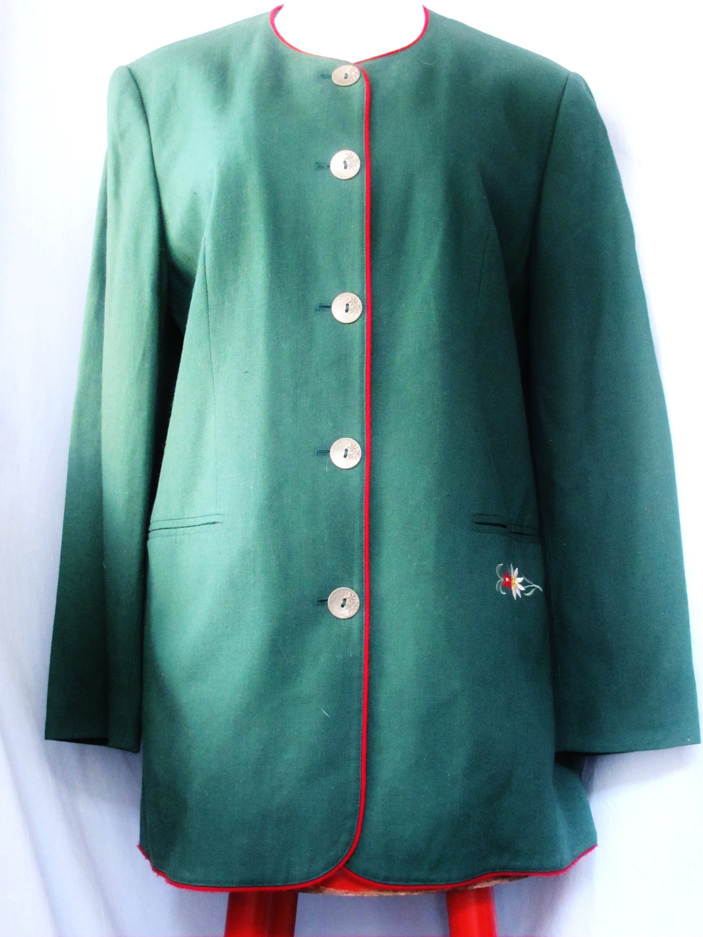 Trachten Jacket, Hunter Green, Linen Blend, Metal Buttons, Size 38, Us 8, Oktoberfest, Shoulder Pads, Edelweiss Embroidery