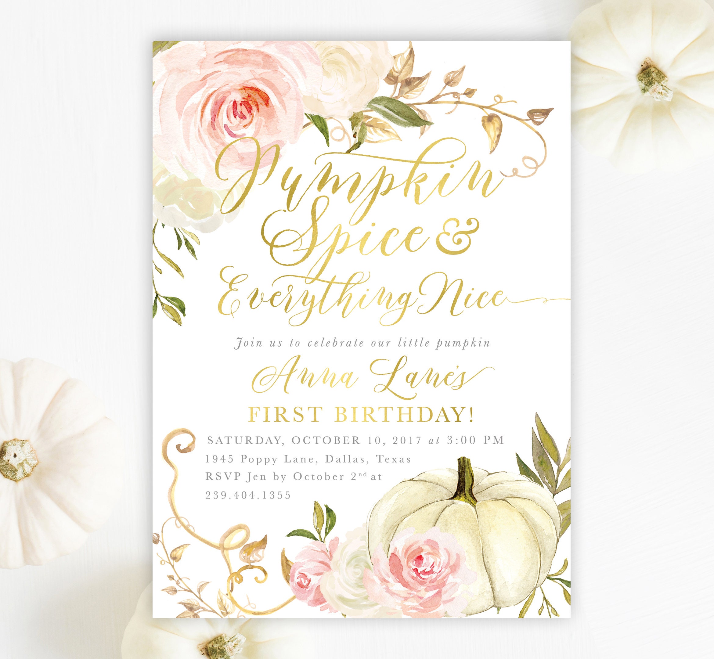 Pumpkin Spice & Everything Nice Birthday Invitation, Fall Invite, Girl First Party, Pink 11