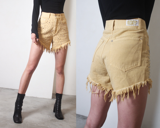 80S Yellow Denim High Waist Studded Shorts