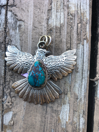 Nepali Jewelry, Handmade Necklace, Tibetan Silver, Eagle Carved Pendant, Turquoise Pendant
