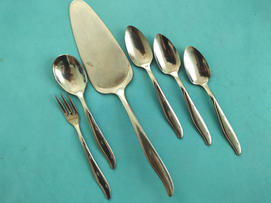 Vintage 1950S Atomic Starburst Flatware 6 Pcs Mar-Crest Citation - Pie Server, Seafood Fork, Sugar & 3 Serrated Fruit/Grapefruit Spoons