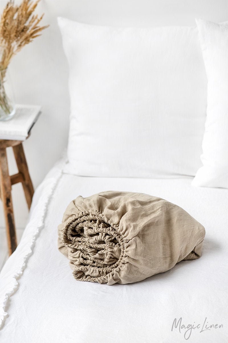 Linen Fitted Sheet in Natural | Oatmeal Color. King/Queen Bed Sheet