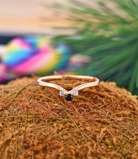 Handmade Bridal Ring, Natural Black Spinel Gorgeous Women's Dainty Wedding Band 14K Rose Gold Handcrafted Stack Ring