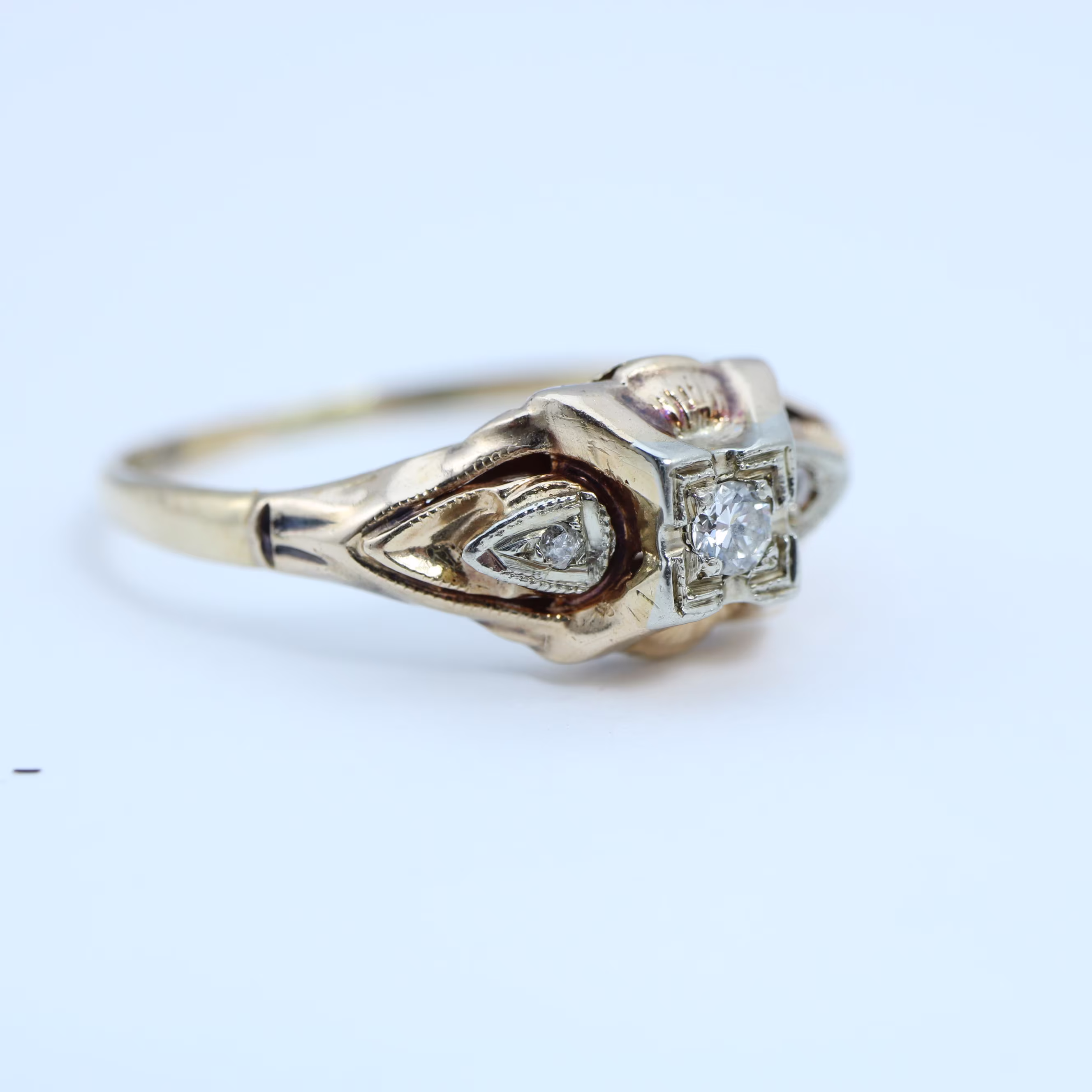 Antique Diamond Engagement Ring 14K White Gold Top Yellow Band Size 6.5