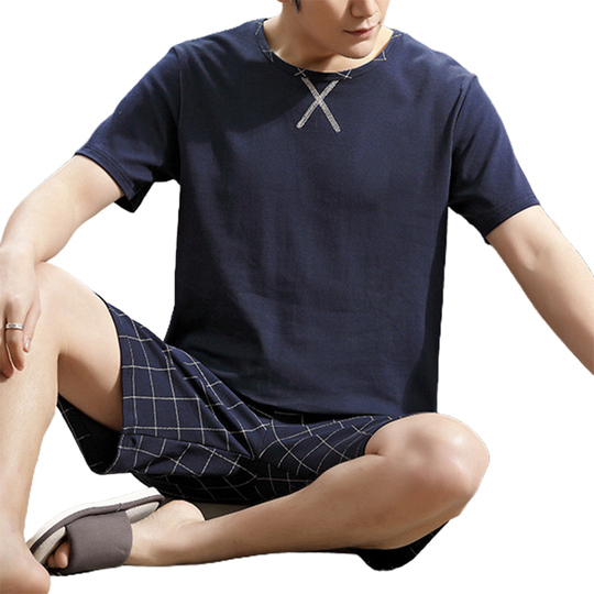 Men Sleepwear Breathable O Neck Cotton Blended Loose Summer Pajamas for Home - navy blue, 2xl