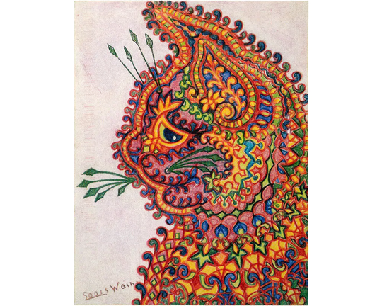 Kaleidoscope Cat By Louis Wain Art Print, Folk Cat, Outsider Art, Art Brut, Naive Vintage Painting, Psychedelic Drawing